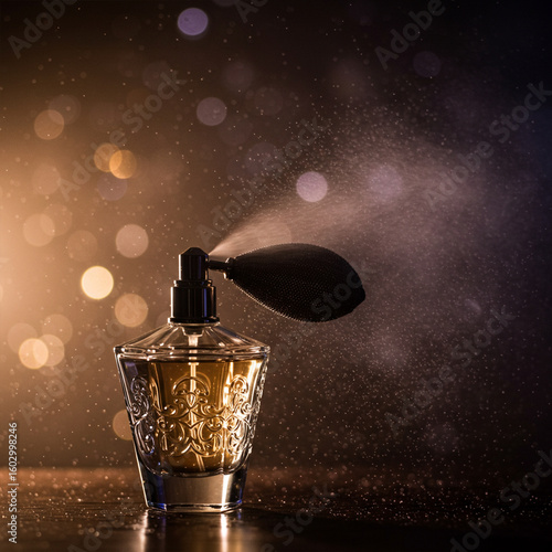 Wallpaper Mural Elegant perfume bottle spraying mist, dramatic backlighting and soft bokeh.AI generative Torontodigital.ca