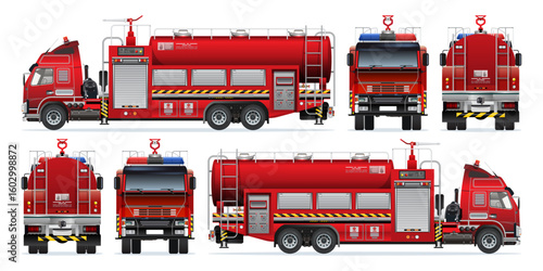 Fire engine red car truck vehicle with water cannon equipment 3D model realistic highly detailed flat vector set  illustration