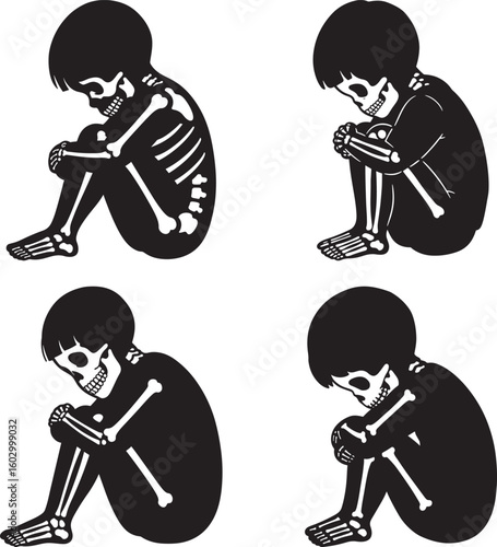 Four children skeletons sitting in a fetal position silhouette