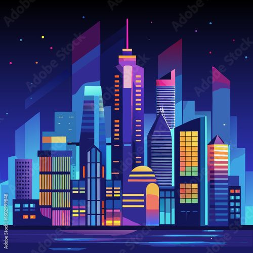 A vibrant stylized cityscape at night featuring a collection of colorful skyscrapers and buildings against a dark blue sky with scattered colorful dots representing stars