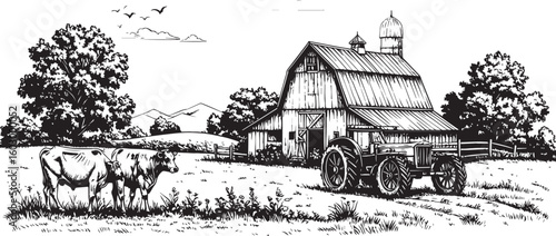 Vintage Agricultural Scene Sketch