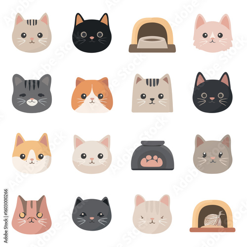 Vector Set of Cute Cat Faces and Pet Accessories in Minimal Style for Icons and Stickers