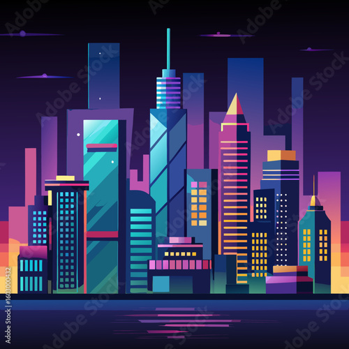 A vibrant stylized cityscape at night featuring colorful skyscrapers and a reflective body of water rendered in a modern geometric art style with a dark