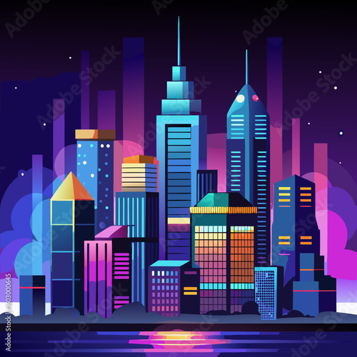 Vibrant Vector Cityscape at Night A stylized illustration of a modern city skyline with colorful buildings reflecting in the water under a dark starry sky