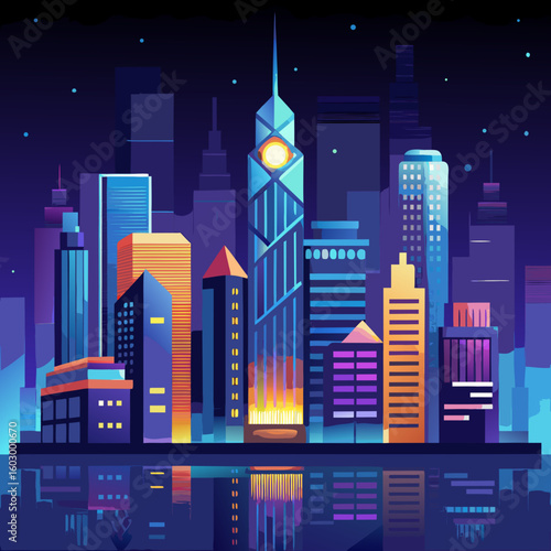 A vibrant stylized cityscape at night featuring a variety of colorful skyscrapers reflected in a body of water under a dark star speckled sky with