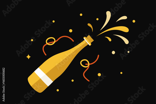 Golden champagne bottle with effervescent drink overflowing from a glass, a festive vector illustration for New Year's celebrations