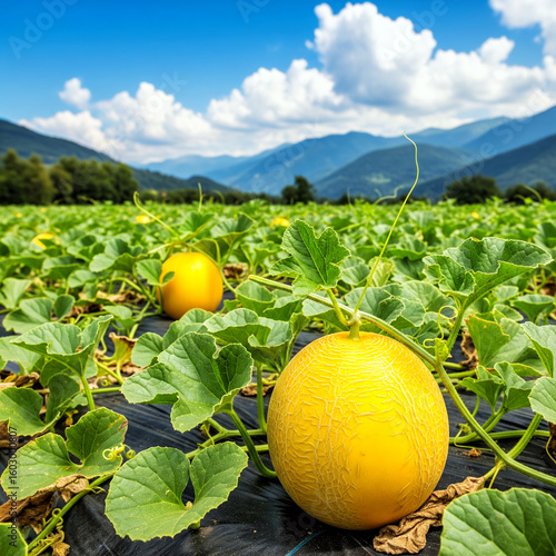 Large ripe melon on a sunlit field, AI-Generated