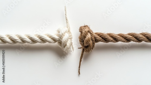 Two ropes, knotted and separated, on white background