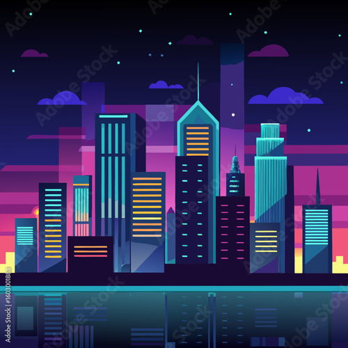 Abstract Cityscape at Night with Reflections Featuring a Skyline of Buildings in Blues Purples and Oranges Under a Starry Sky with Clouds and Reflected in