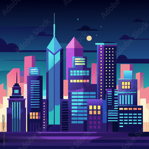 A vibrant and stylized illustration of a modern cityscape at night featuring illuminated skyscrapers a full moon and stars against a dark blue and teal