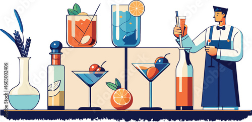 Bartender Serving Cocktails With Fruit Garnish drinks