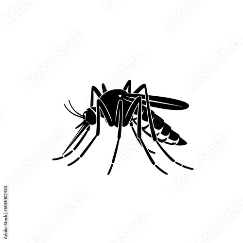 Simple black mosquito illustration in side view showing wings and long legs