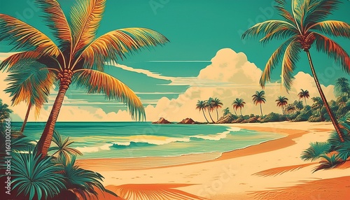 retro summer postcard style tropical sand beach palm trees vintage colors