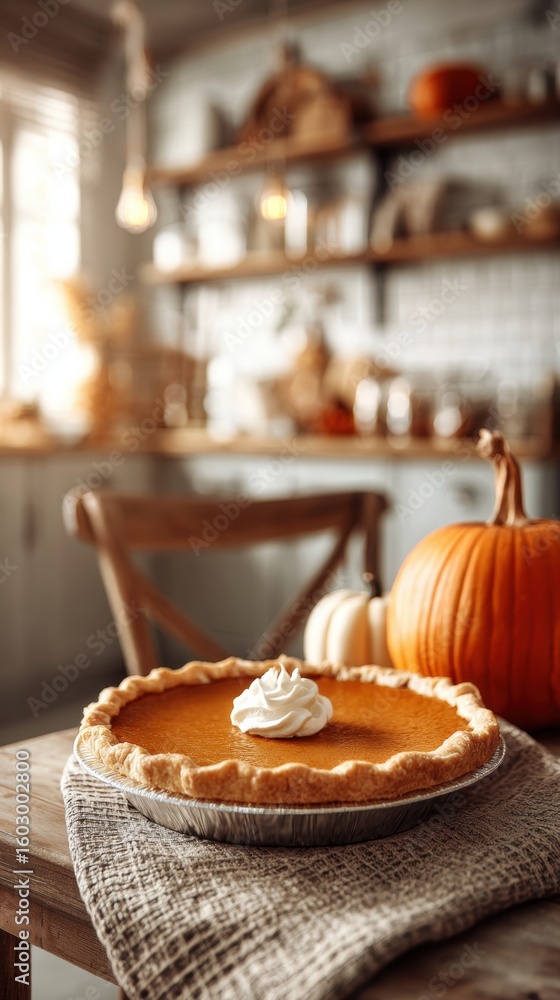 Fototapeta premium Delicious pumpkin pie on a rustic wooden table.