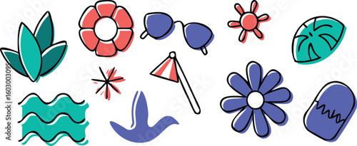 Teal green plant coral red lifebuoy blue sunglasses coral red sun teal green leaf black lines