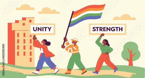 Diverse group promoting unity and strength; flat vector illustration, positive mood, community concept.