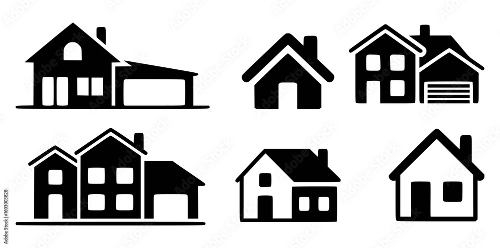 Fototapeta premium Black house icons with various architectural styles and garages home building