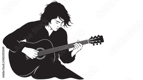 Black and white illustration of a musician playing an acoustic guitar