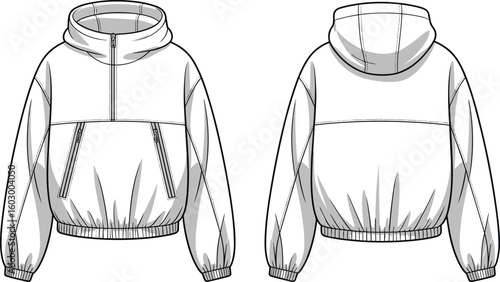 Cad drawing flat vector illustration of long sleeve utility hoodie template with half-zip front, zip pockets, elastic cuff, back seam