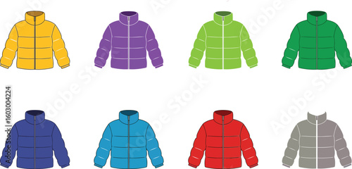 Varied colored puffer coats are displayed with a zipper on a transparent background
