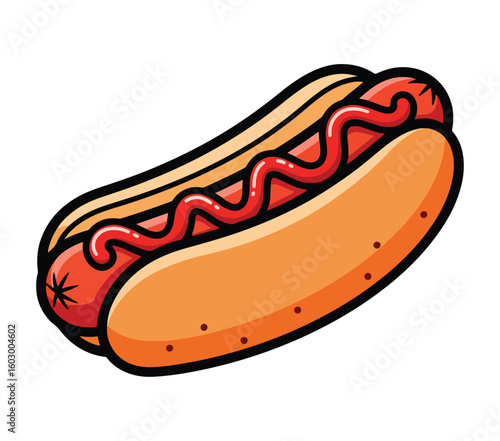 A vector illustration of a hot dog with a zig zag of ketchup
