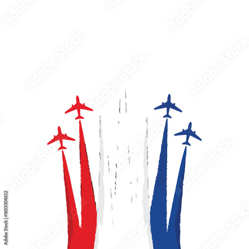 Red and blue airplanes fly upward leaving red, white, and blue smoke trails