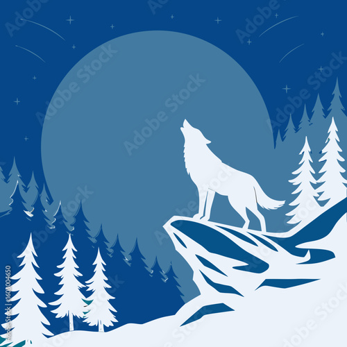 Wolf Howling Silhouette on Rock with Moon and Pine Forest Background

