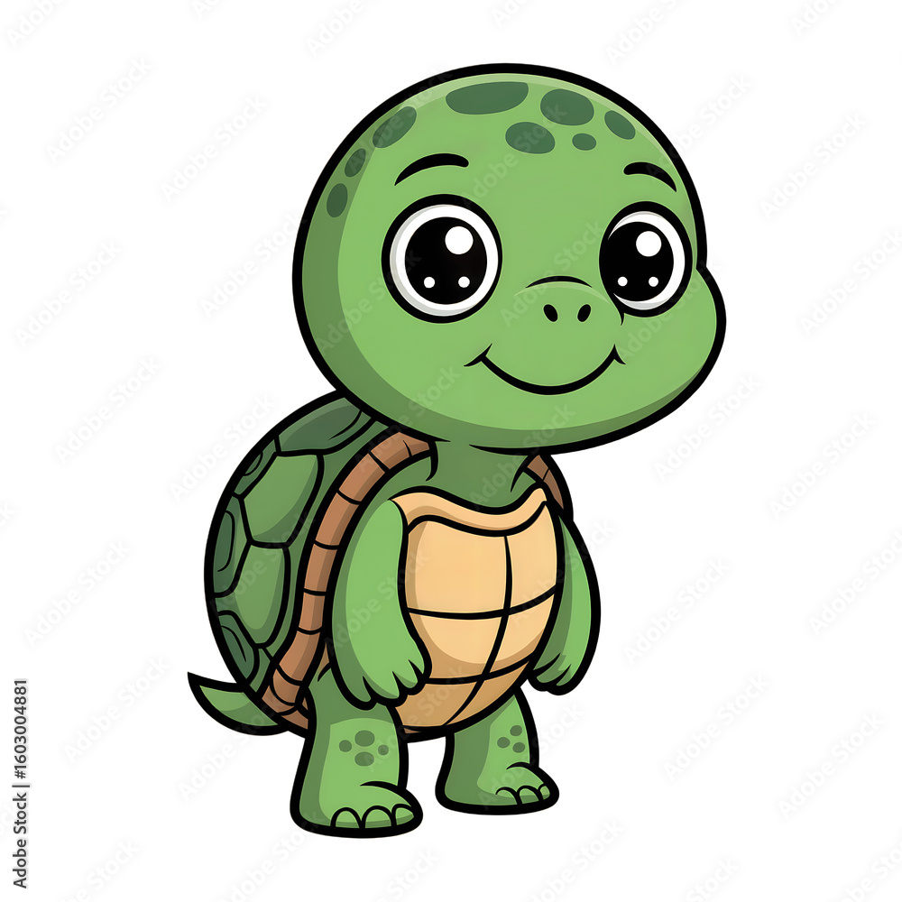 Fototapeta premium Cute cartoon green turtle with large eyes and a friendly smile isolated on a transparent background tortoise