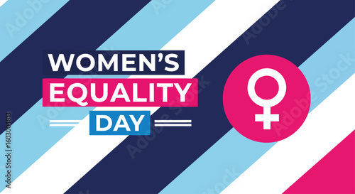 Celebratory for Women's Equality Day features a female symbol and vibrant stripe background