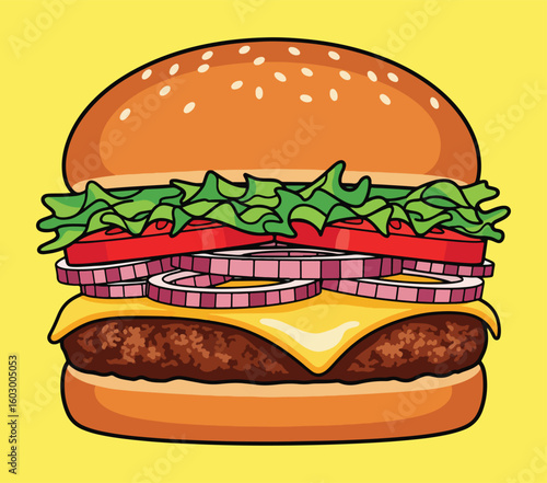 A vector illustration of a cheeseburger with lettuce tomato and many onions.
