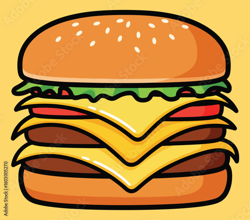 A vector illustration of a big triple cheeseburger with lettuce and tomato.
