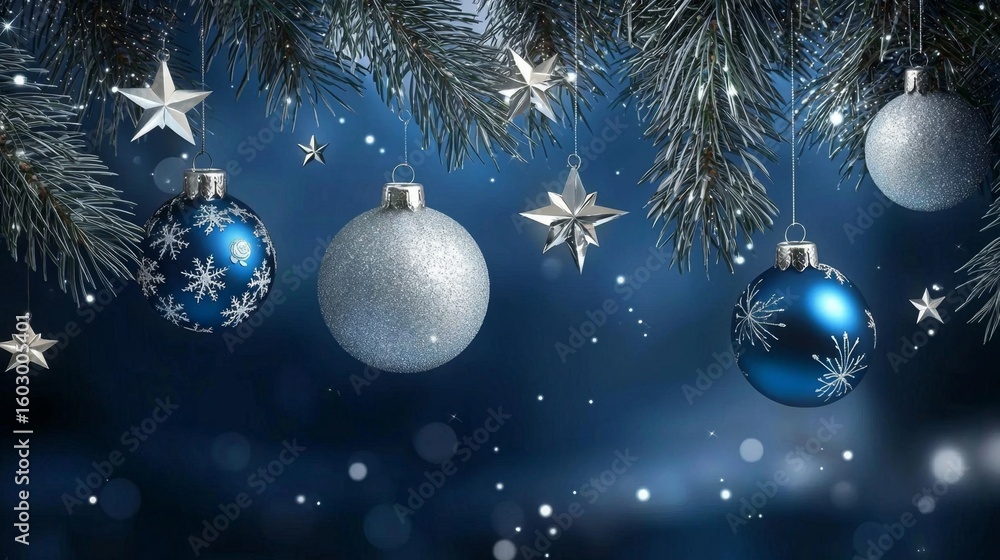 Fototapeta premium Festive Christmas tree adorned with charming blue ornaments.