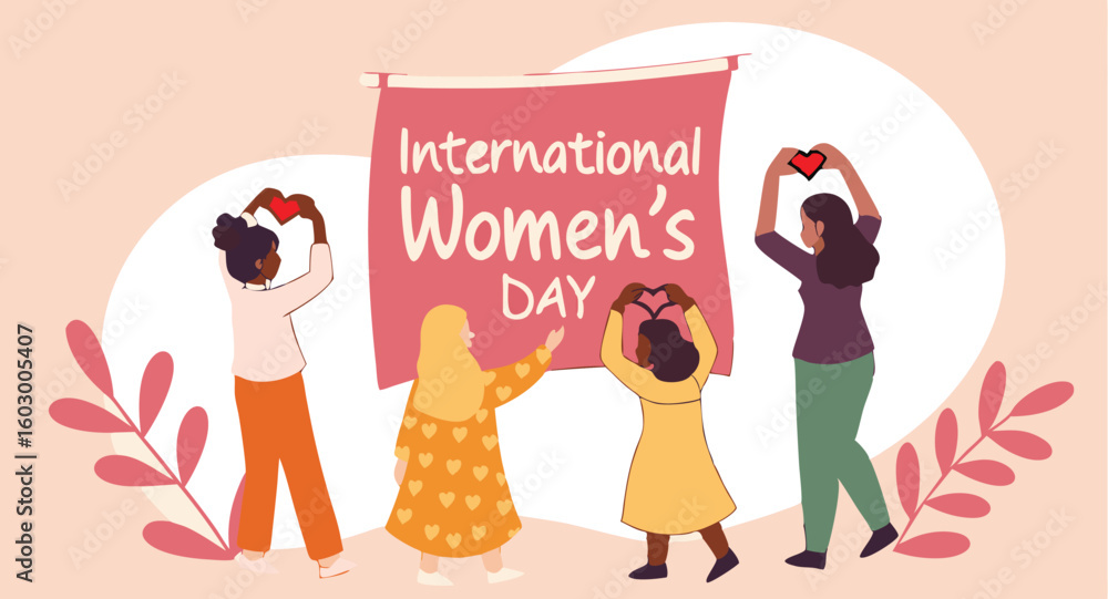 Fototapeta premium International Women's Day: Diverse Women Forming Hearts, Flat Design, Celebratory Mood