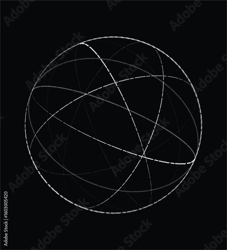 Futuristic geodesic sphere with intersecting rings representing global connection and technology.