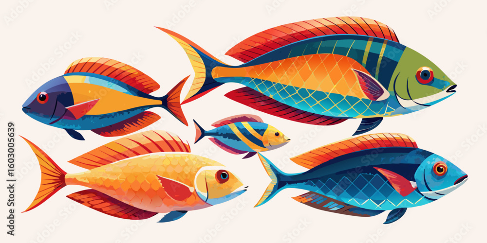 Naklejka premium Cartoon vector illustration of tropical fish swimming in blue ocean water