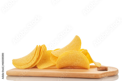 Crispy potato chips isolated on white background, close-up.