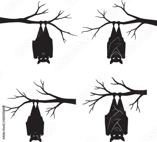 Four bats hanging upside down on tree branches silhouette