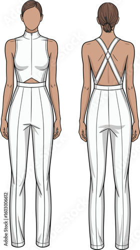 Cad drawing flat vector illustration of sleeveless jumpsuit template with cutout front, crisscross open back, fitted style, fashion design