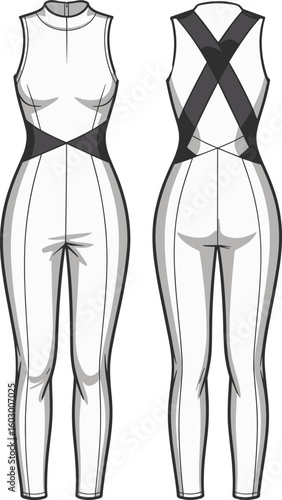 Cad drawing flat vector illustration of sleeveless jumpsuit template with high neck, diagonal stripe detail, front and back view