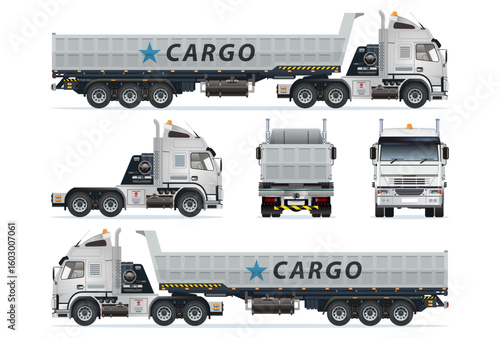 Semi trailer dump truck heavy long cars pickup model realistic highly detailed flat vector set illustration