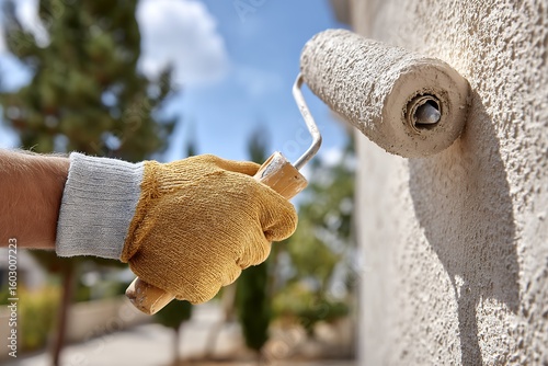 Male hand painting exterior wall with roller and yellow glove on a sunny day