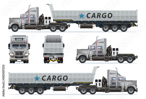 Semi trailer dump truck heavy long cars pickup model realistic highly detailed flat vector set illustration
