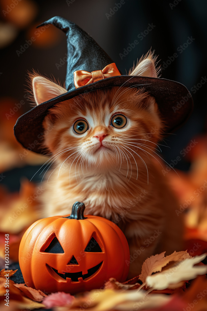 Naklejka premium Fluffy cute red kitten wearing witch hat with carved pumpkin jack o lantern against background of orange autumn leaves. Halloween decorations, festive autumn atmosphere. Vertical banner, copy space