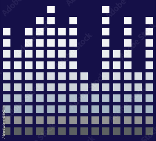 A vector illustration of an audio equalizer with square bars on a dark blue background.
