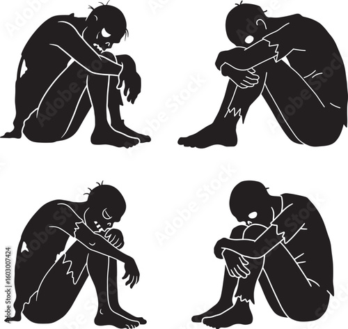 Four figures in a huddled pose silhouette