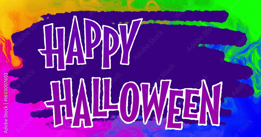 Fototapeta premium Displaying HAPPY HALLOWEEN text glowing over purple brushstroke in graphic art, with neon gradient
