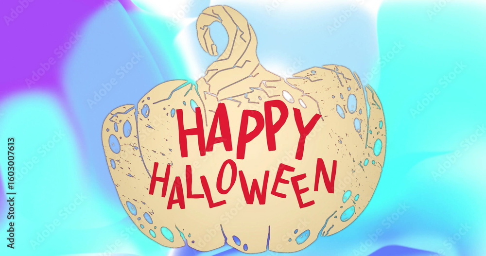 Fototapeta premium Featuring stylized beige pumpkin sitting center of purple cyan gradient, with red HAPPY HALLOWEEN