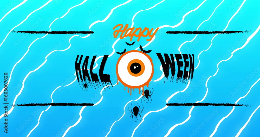 Naklejka premium Displaying Happy Halloween featuring dripping eyeball, bats, spiders, brush bars on blue gradient