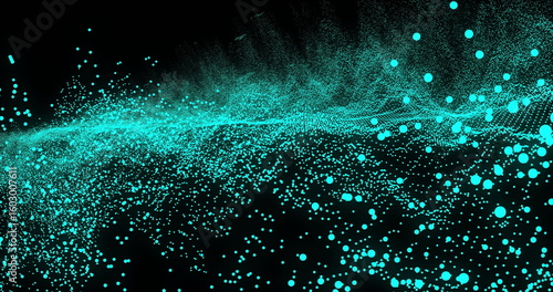 Obraz na płótnie Flowing teal spherical particles wave creating motion against black background w