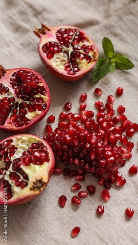 pomegranate seeds and halves on linen, fresh juicy pomegranate close-up, healthy fruit flat lay with mint
